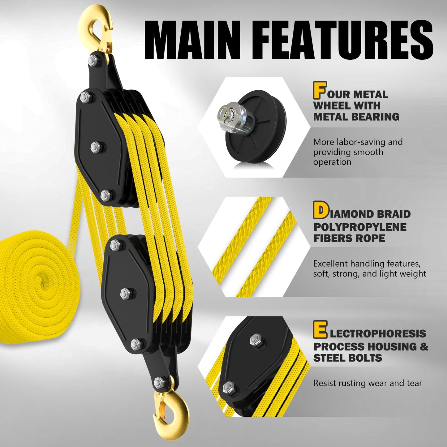 YATOINTO Rope Hoist Pulley System, 4400LB Pulley Block and Tackle, 8:1 Ratio Lifting Power 65ft, Heavy Duty Pulley Block for Hunting Lifting Heavy Objects Garage Warehouses Building (Yellow)