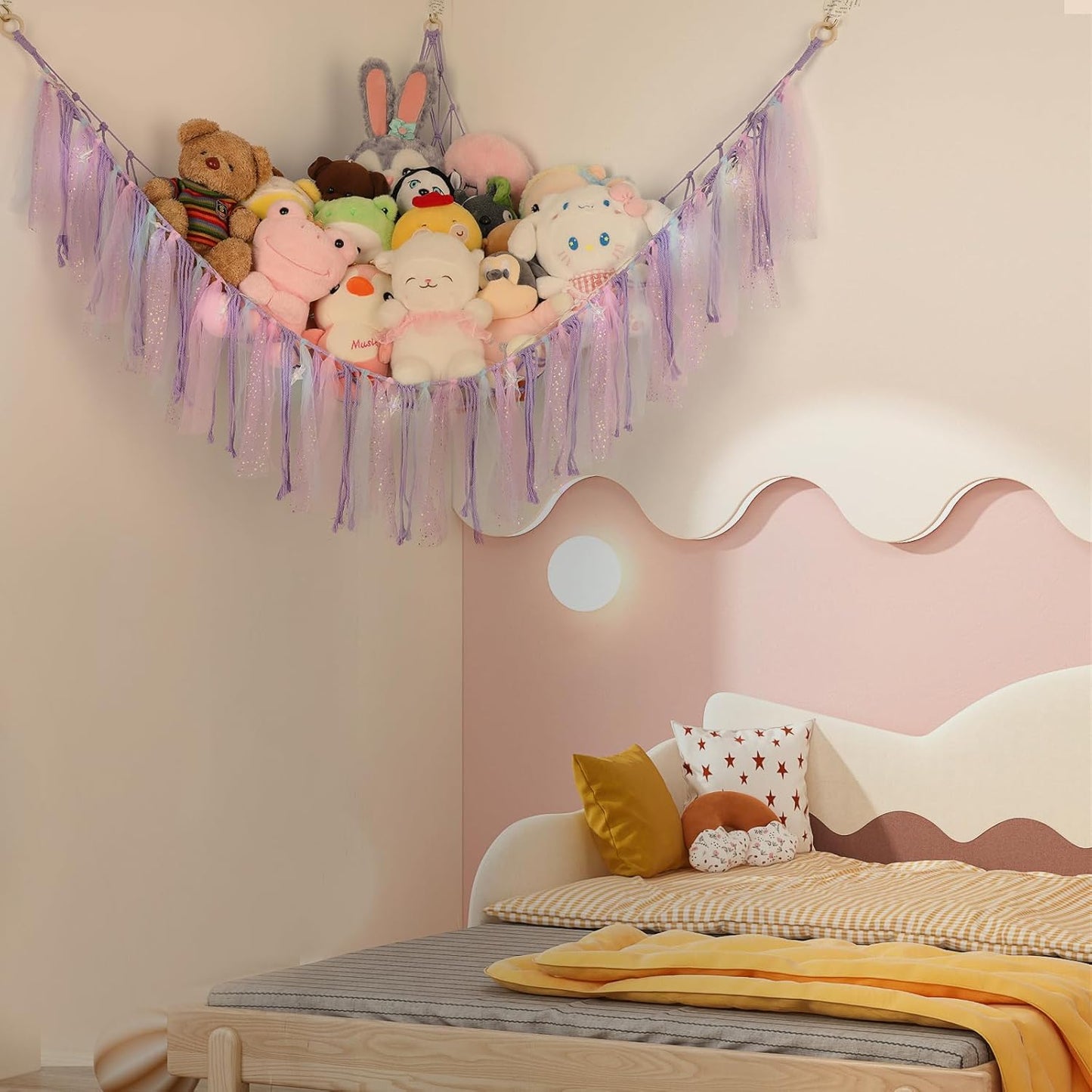 Skiennix Stuffed Animal Hammock with LED Lights - 59-Inch Plush Toy Storage Net for Kids' Rooms | Handwoven Purple Decor