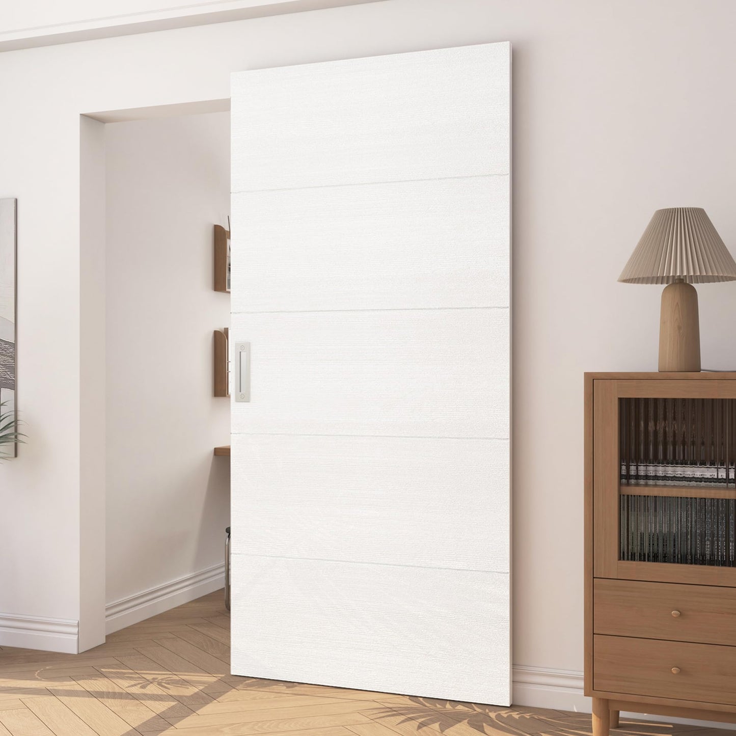 JUBEST 42"x84" Concealed Sliding Barn Door with Horizontal Groove and Soft Close Hardware Kit, White Flush Hidden Door for Opening 38"-40"x80", Waterproof and Smooth Sliding, for Interior Using