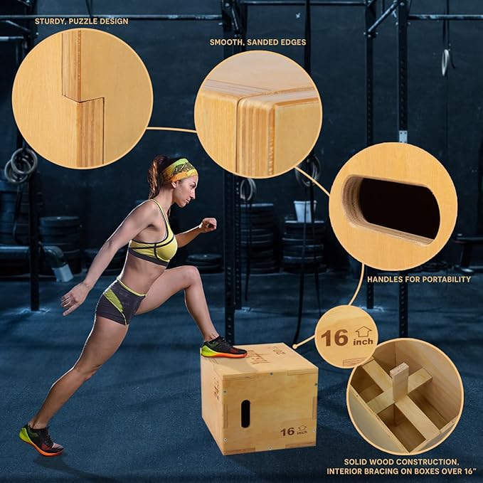 Yes4All Plyo Box, 3-in-1 Wooden Box Jumps for Home Gym (12/14/16?¯in), 450 lbs Boxes Step Up with Smooth Edges & Wide Built-in Handles for Jumping, Strength Training, Lunges, Squats, Dips