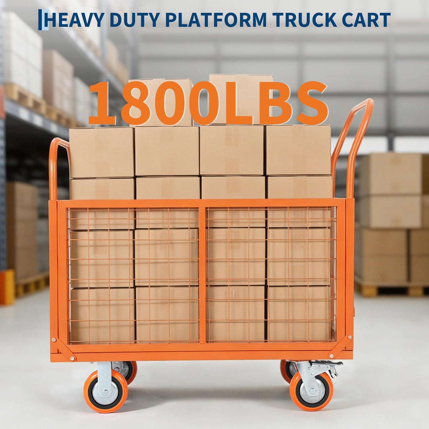 6-in-1 Folding Flatbed Dolly, 1800lbs Heavy Duty Platform Cart with Removable Mesh Sides, Orange Red Lockable Swivel Casters, Smooth Rolling for Hardwood Carpet, Easy Assembly for Garage Warehouse