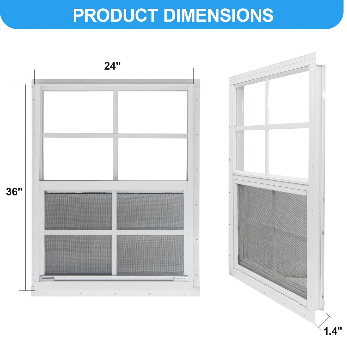 NeatiEase 2 Pack Shed Window, 24" x 36" Flush Mount Window with Tempered Glass and Fiberglass Screen for Shed, Chicken Coop, Playhouse, Household, Garage