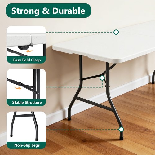 FurniEdge 6ft Folding Table with Handle, Heavy Duty Plastic Table, 300 lbs Portable Table, Reinforced Steel Legs, High Density Plastic, Ideal for Parties, Picnics, Weddings,Camping (White)