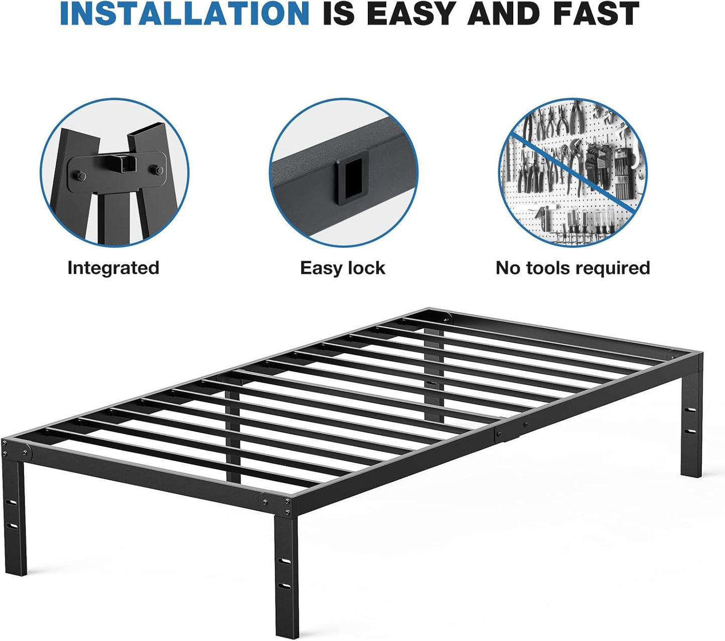 OLIXIS Metal Twin Bed Frame - 14-Inch High with Storage Space & Sturdy Steel Slat Support | 800LBS Capacity, Black