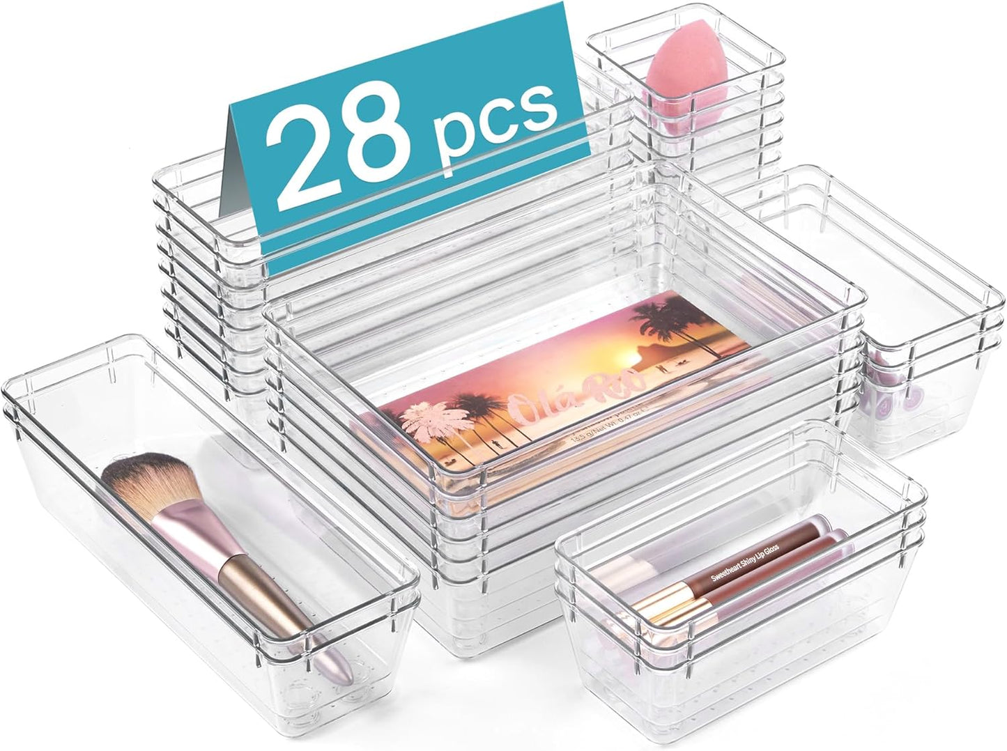 Vtopmart 28 PCS Clear Plastic Drawer Organizers - Versatile Acrylic Storage Bins for Bathroom, Vanity & Kitchen