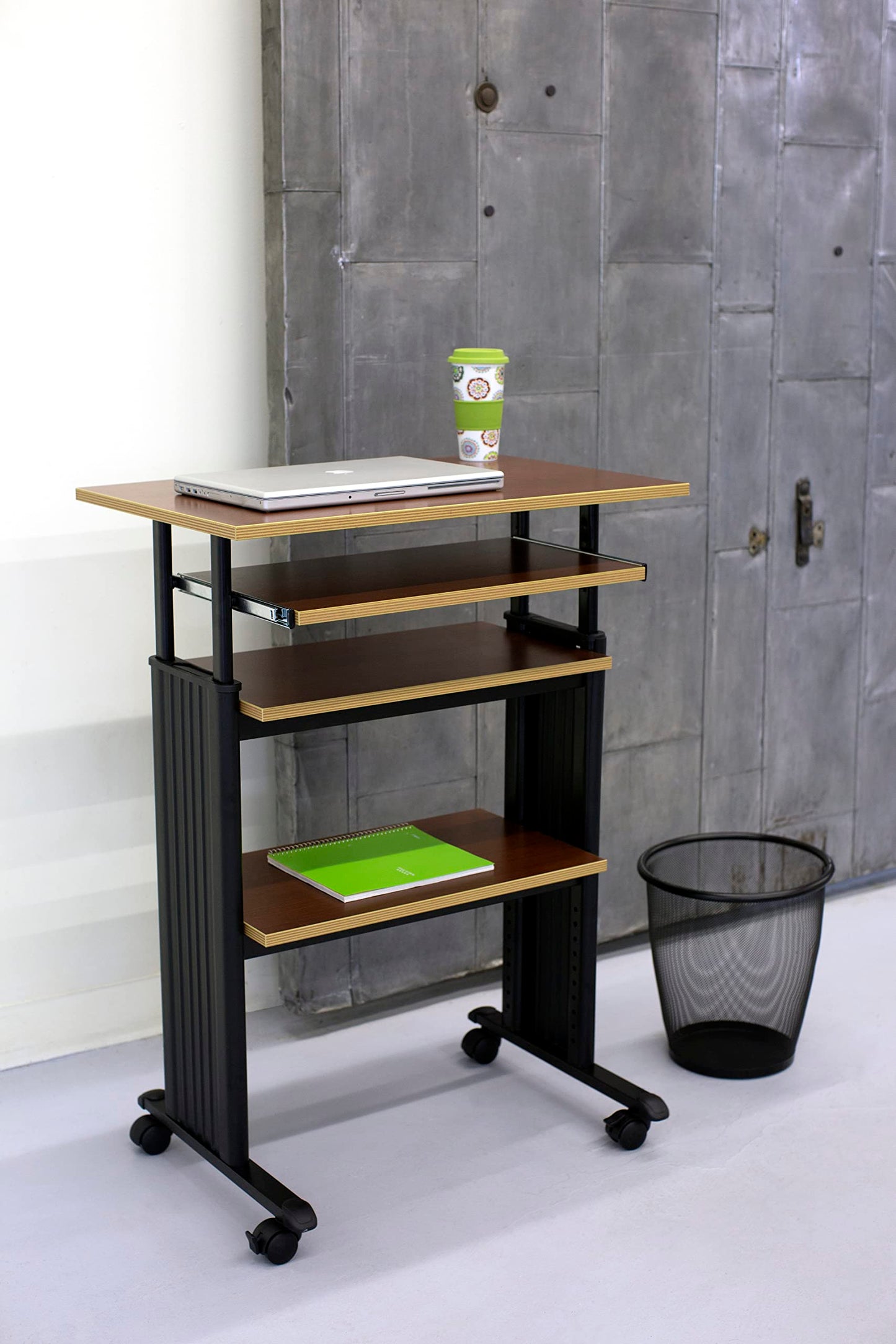 Safco 1929CY MUV Mobile Stand-Up Height-Adjustable Desk,Keyboard Storage, Steel Frame Construction, Durable Melamine Laminate Work Surface, 4 Wheels, Narrow Design
