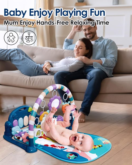 Dearlomum Baby Play Mat Gym - Fun Piano Tummy Time Activity Mat with 5 Sensory Toys | Blue for Newborns 0-12 Months