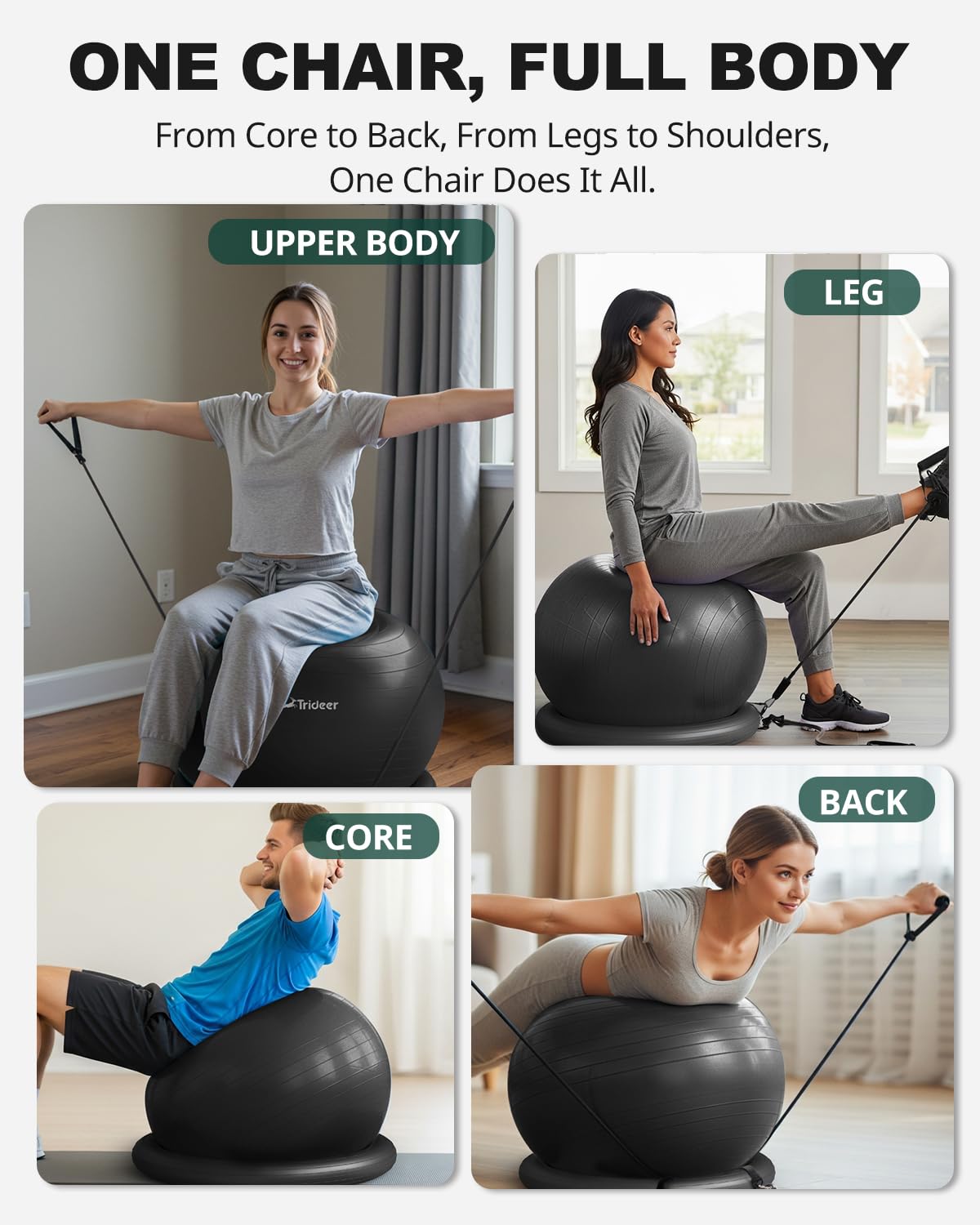 Trideer Exercise Ball Chair with Base & Resistance Bands for Home Gym, Stability Ball Seat for Core Workout and Back Support