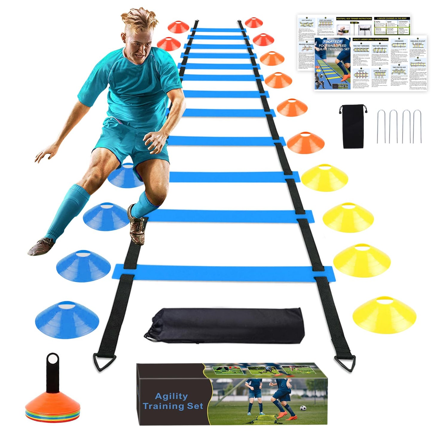 YGORTECH Soccer Training Equipment Set - 20FT Agility Ladder, 16 Soccer Cones, Speed and Agility Training Equipment for Indoor/Outdoor Practice Blue Ladder