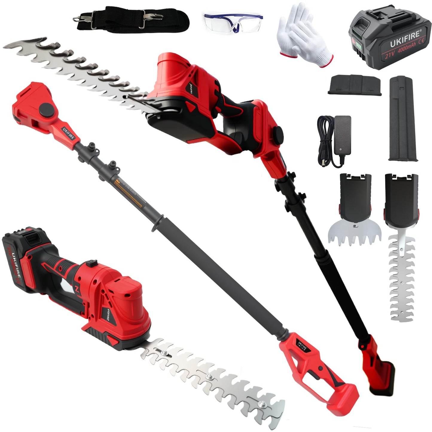 4-in-1 Electric Pole Hedge Trimmer, Cordless Bush Trimmer & Grass Shear with Extension Pole, 4.0Ah Battery & LCD Display, 180° Adjustable Angle, 16 Ft Reach, Powerful Branches Cutter for Tree