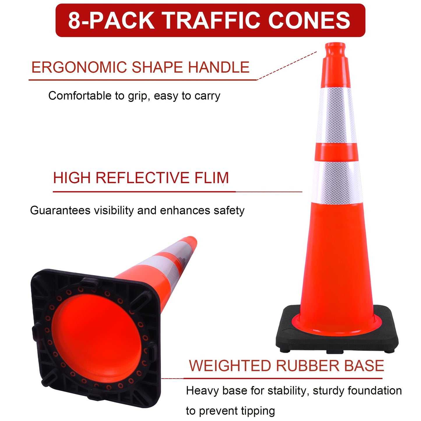 OrangeStar 28 Inch Orange Traffic Cones 8-Pack, Heavy Duty PVC Safety Cones with 2 Reflective Collars, Weighted Base for Highway, Roadwork, Construction, Warehouse Safety, Parking Lots