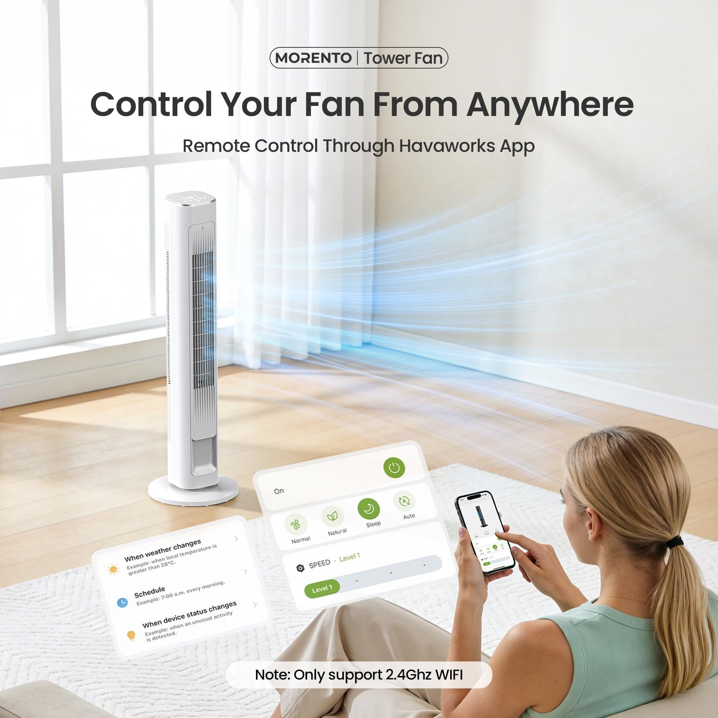 MORENTO Tower Fan for Bedroom, 2026 Upgraded 90° Oscillating 43" Standing Fan with 4 Speeds, 4 Modes, 25ft/s Velocity Bladeless Fan with APP/Voice/Remote/Touch Control, 28dB, 12H Timer, White 1Pack