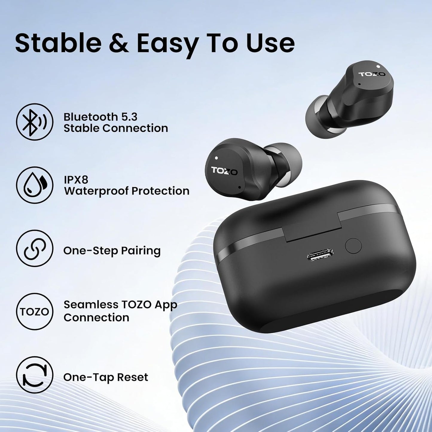 TOZO NC9 6 IPX8 5.3 60H 32 Hybrid Active Noise Cancelling Wireless Earbuds, Mics ENC Clear Call, Waterproof, in Ear