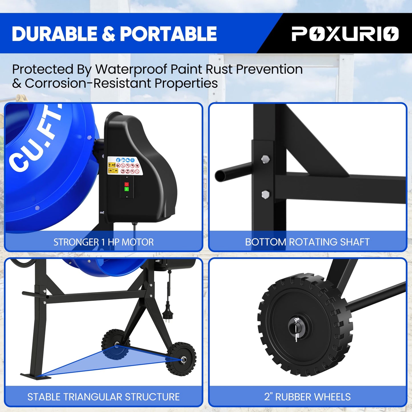 POXURIO 120L Electric Cement Mixer, 4.3 Cubic Ft. 450W 3/5HP Portable Concrete Mixer Machine with Stand And Wheels for Stucco, Mortar, Seeds, Blue-2026 Upgraded