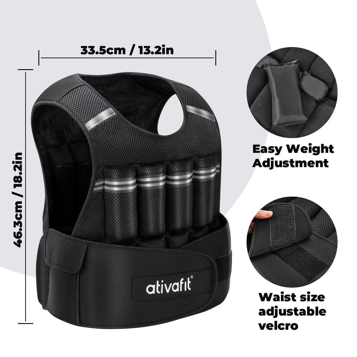 ATIVAFIT Fitness Weighted Vest Adjustable Reflective Vest for Running, Strength Training, Walking & Weightlifting (2‑22 lb)