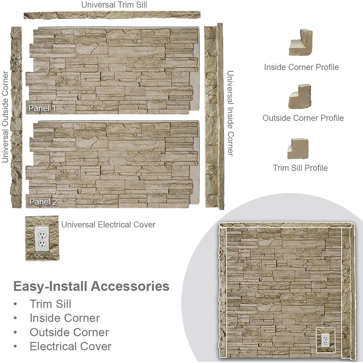 Ekena Millwork 49"W x 24 1/2"H x 1 1/4"D Castle Rock Stacked Stone, StoneWall Faux Stone Siding Panel, Colfax