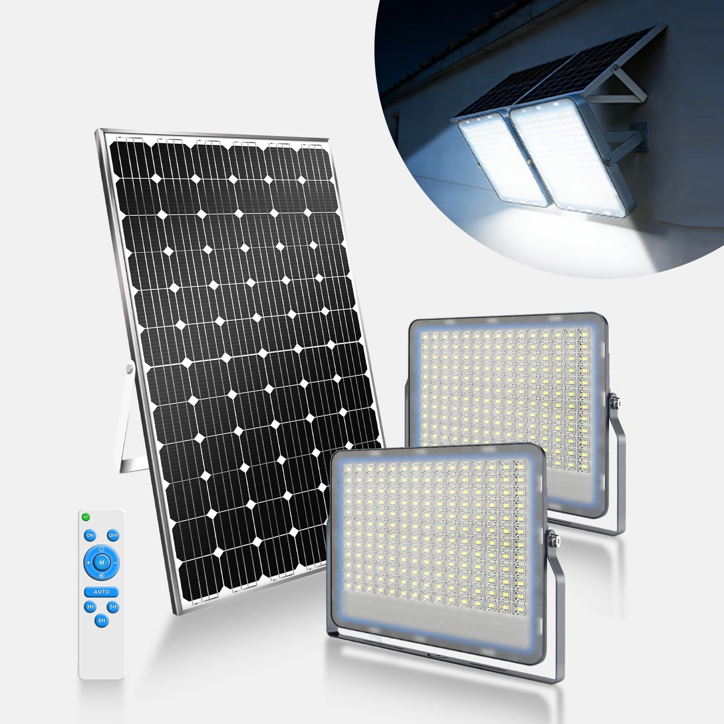 Gebosun 2 Pack 300W Solar Flood Light Outdoor, 24000LM LED Solar Security Light, IP67 Waterproof Dusk to Dawn Solar Light with Remote Control, Bright Solar Yard Light for Garage Garden Farm