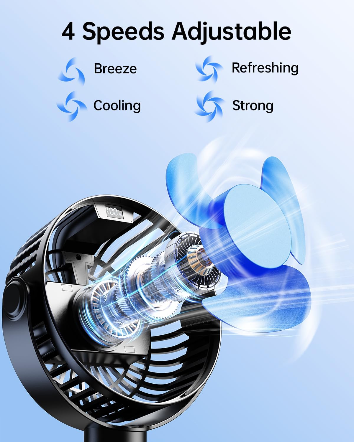 Sweetfull Portable Stroller Fan - 4-Speed Rechargeable Mini Clip-On Fan with LED Display | 360° Rotation, Black