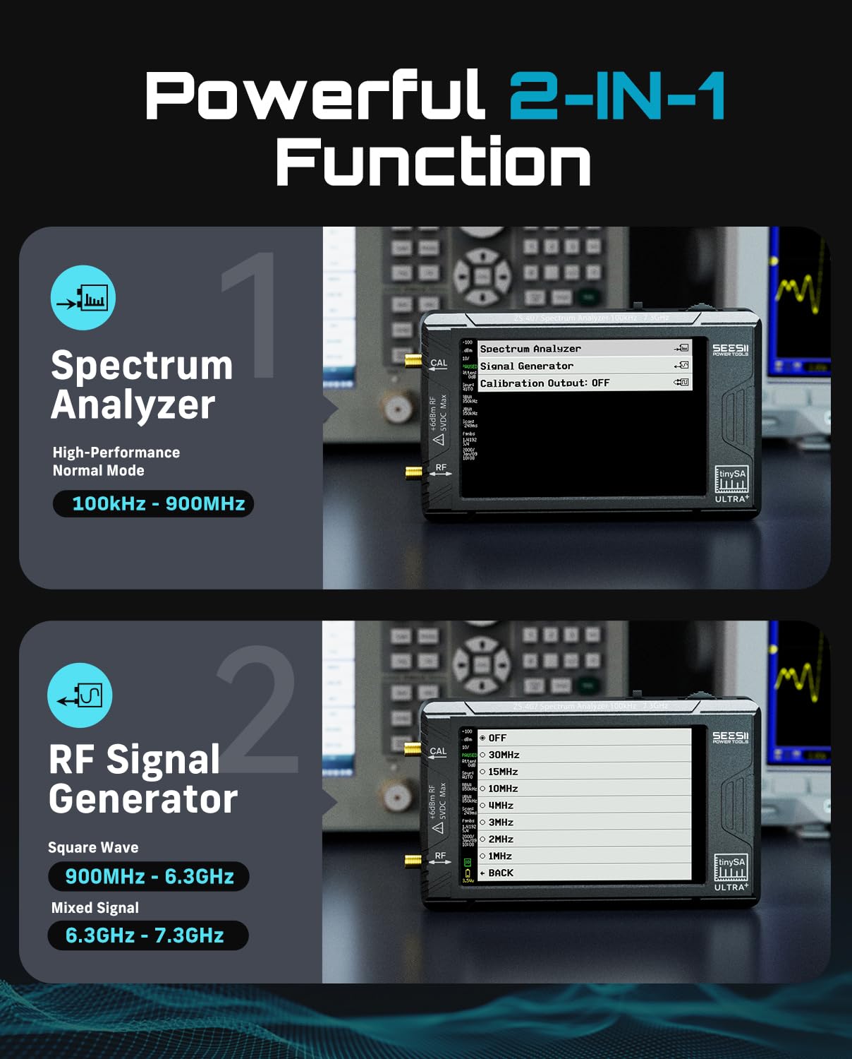 SeeSii TinySA Ultra+ ZS407 7.3GHz Spectrum Analyzer: 2025 Upgraded 4 Inch HW V0.5.4 100kHz-7.3GHz Handheld Tiny Frequency Analyzer - 2-in-1 RF Signal Generator 100kHz to 900MHz MF/HF/VHF UHF