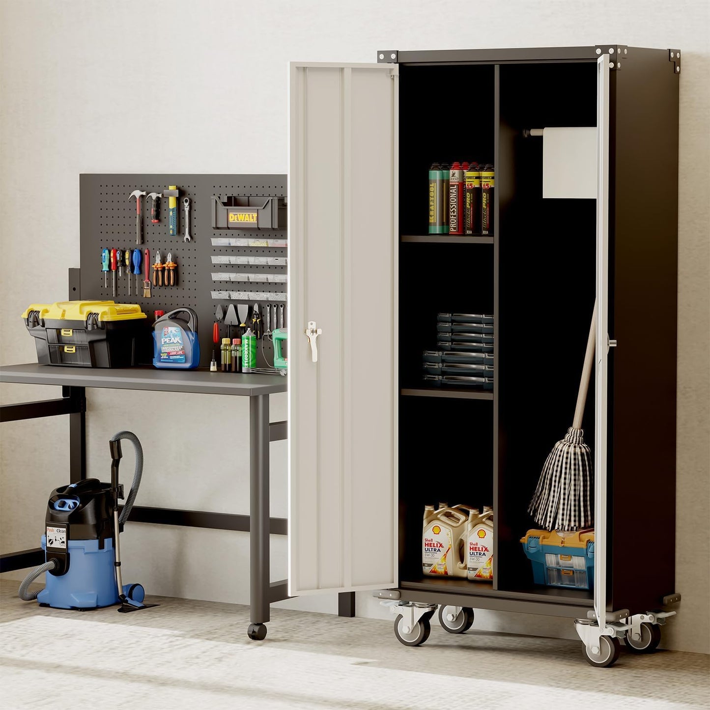 ExploreHorizon 71" H Rolling Tool Cabinet - Metal Locker Storage Cabinet with Wheels, Heavy-Duty Lockable Office Garage Cabinets Utility with 2 Doors and Hanging Rod, Adjustable Feet