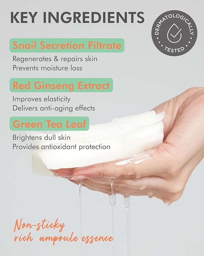 DERMAL Seoul Face Snail 3X Daily Quick Mask 36 Sheet ??Korean Skincare Vegan Tencel Facial Masks - Skin Repairing, Anti Aging Face Mask Sheets with Ginseng Root, Green Tea Leaf Extract