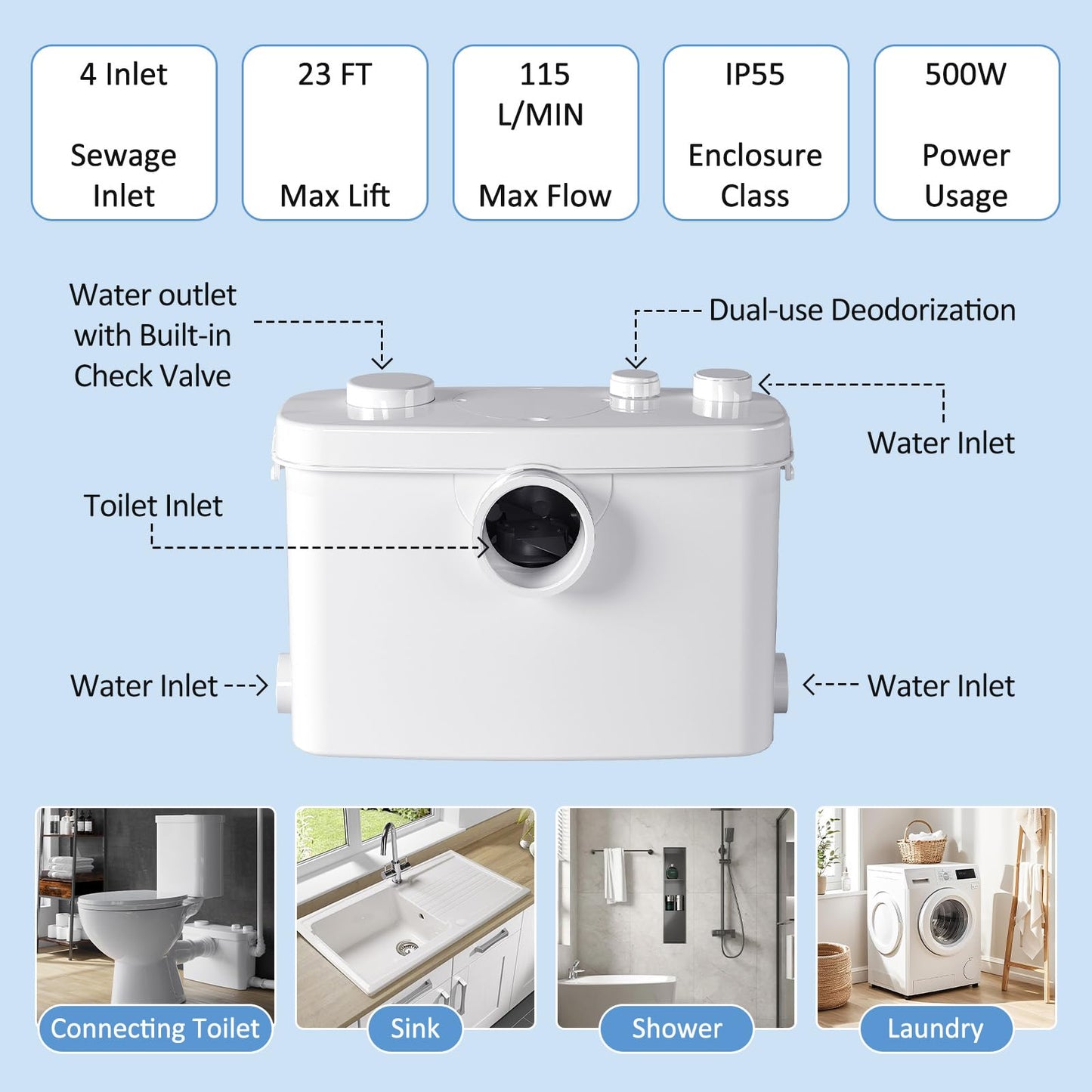 Simple Project Macerating Toilet System with 4-Inlet, Upflush Toilet for Basement, Powerful 1.6GPF Flush & Quiet 500W Macerator Pump System, Durable Pump, Extension Pipe - Easy Install, Space Saving
