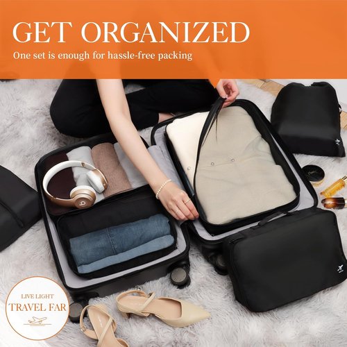 HOTOR Packing Cubes - 6 Premium Travel Organizer Bags for Suitcases | Space-Saving Black Set