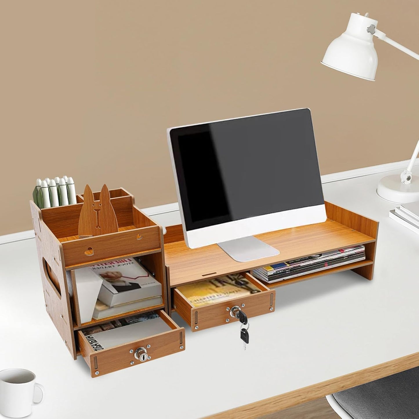 QUSKLISU (07) Computer Monitor Stand, Computer Rack with Drawers, Two top Platforms Desk Organizer Monitor Stand