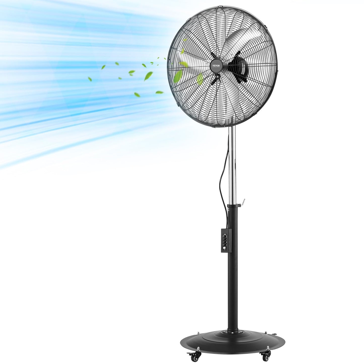 VEVOR 24-Inch High Velocity Pedestal Fan, 6800 CFM Industrial Standing Floor Fan with 85° Oscillating, 3-Speed Adjustable Height, IP44 Waterproof, Carbon Steel for Commercial, Garage, Workshop, Black