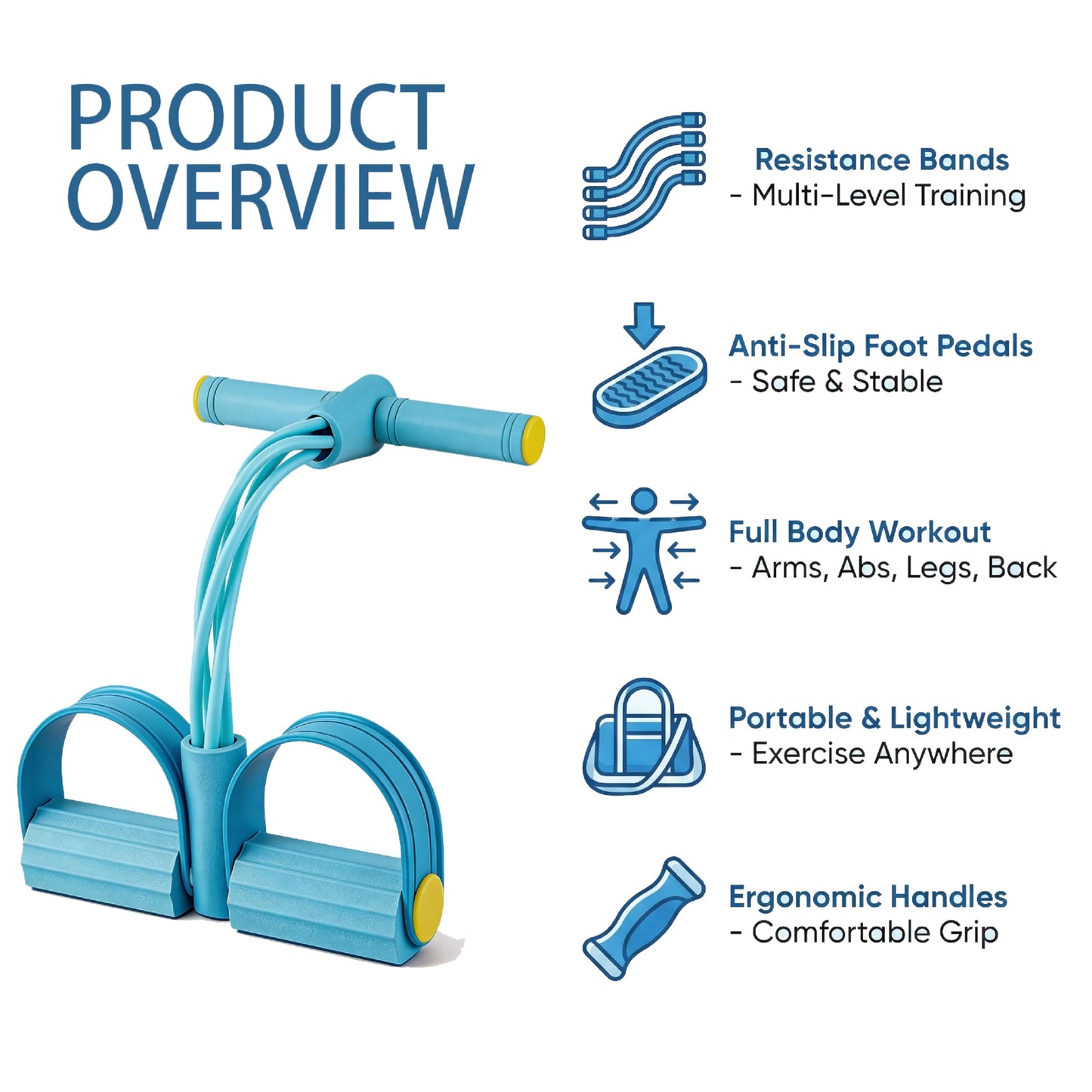 Pedal Resistance Bands with Handles, 6-Tube Upgrade Portable Pedal Resistance Band, Natural Rubber Resistance Bands for Abdomen Waist Arm Leg Full Body Workout (Blue)