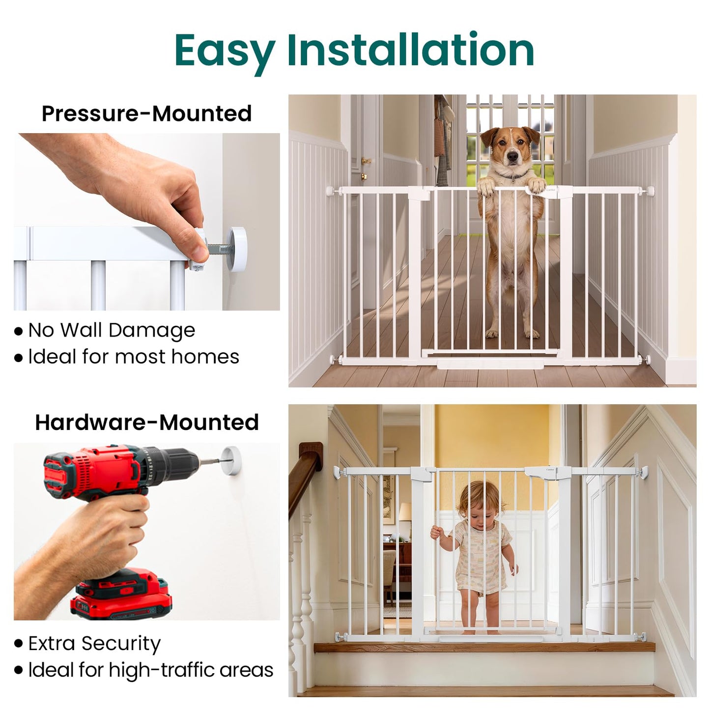 Cumbor 30-54" Extra Wide Baby Gate for Stairs, Dual Lock & Self-Closing Dog Gate Indoor, Easy Install Pet Gate for Doorways, Hallways & Kitchen, Easy Walk Thru Safety Proofing for Babies & Pets, White