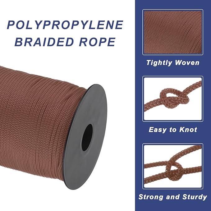 MECCANIXITY 1/8 Inch Polypropylene Rope Braided Ropes, 328ft Nylon Rope Hollow Utility Cord for Clothesline, Camping, Hiking, Outdoor, Dark Coffee