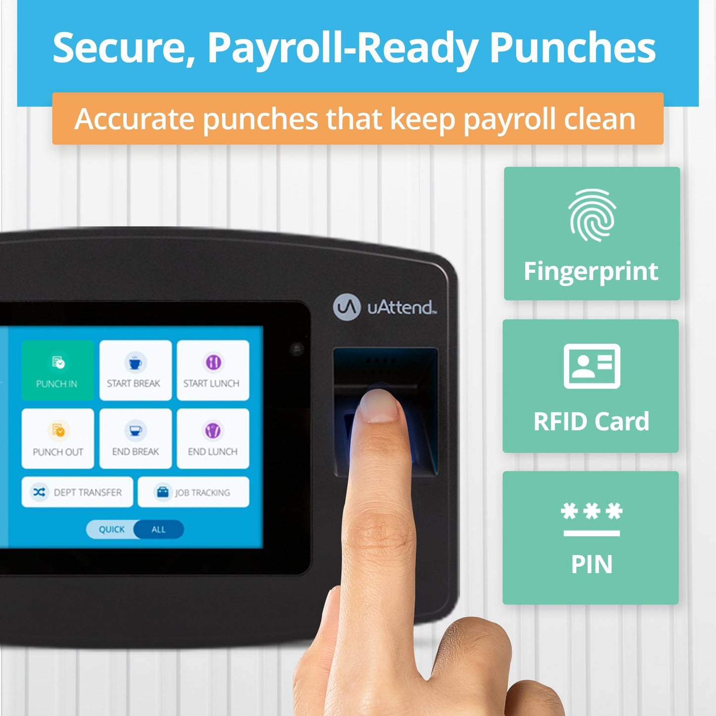 uAttend JP2000 Payroll Time Clock – Cloud Payroll Engine with Biometric & RFID, Time & Attendance System, Faster Payroll - $100 Payroll Fees Credit