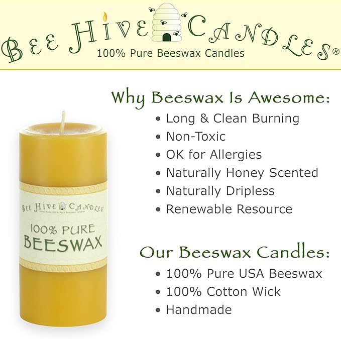 100% Pure Beeswax Pillar Candle (2" x 9") | Natural Beeswax Candles | Soy, Paraffin & Fragrance Free | Handmade in The USA
