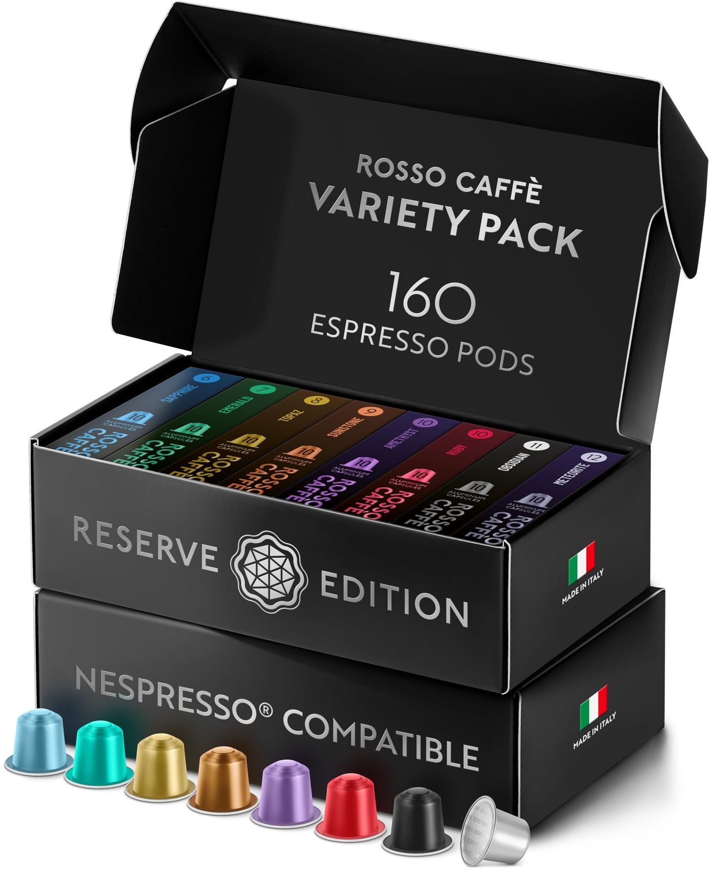 ROSSO CAFFÈ Espresso Coffee Pods, Compatible with Nespresso Original Machines, Reserve Variety Pack, 160 Capsules - Made in Italy