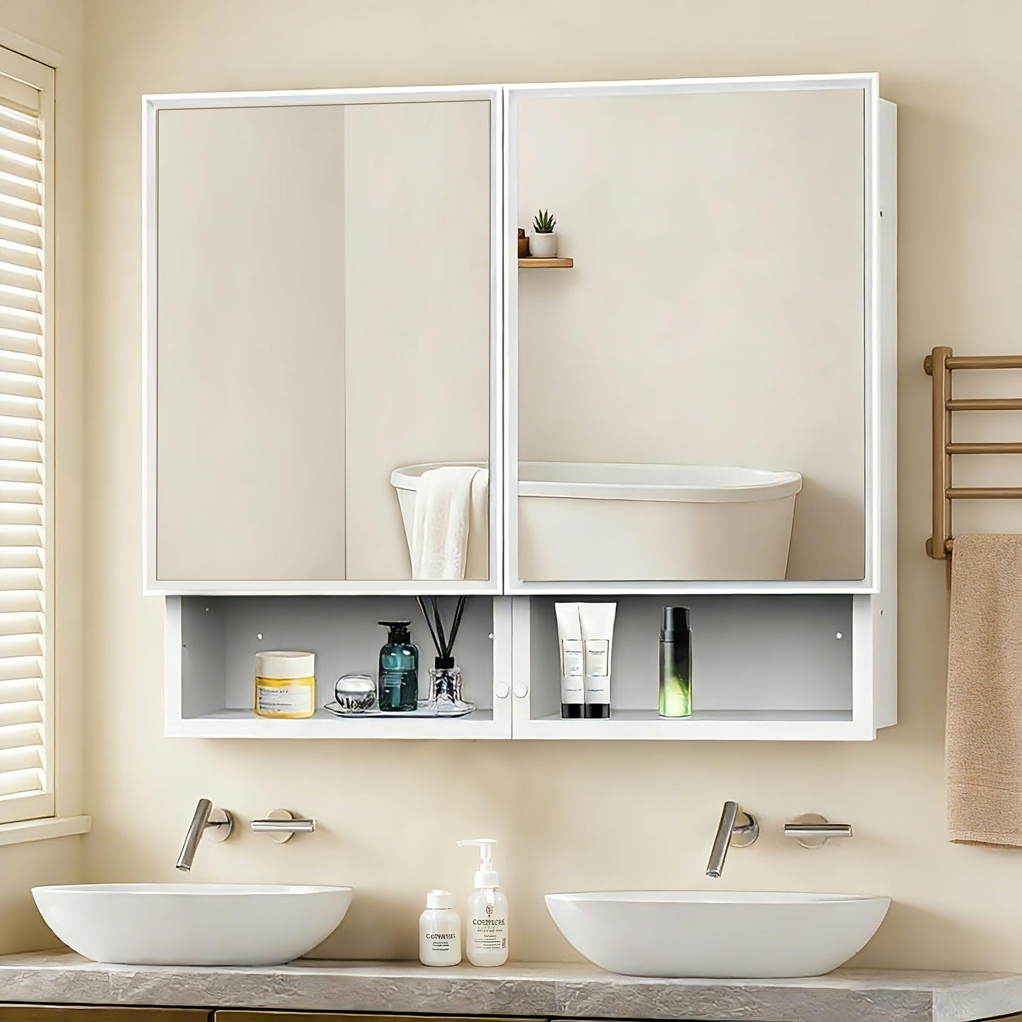 HESONTH 32x26 Inch Bathroom Medicine Cabinet with Mirror, Double Door Wall Mounted Storage with Extra Drawers, Bevel Edge Mirror, Adjustable Shelves, for Recessed or Surface Mount Installation
