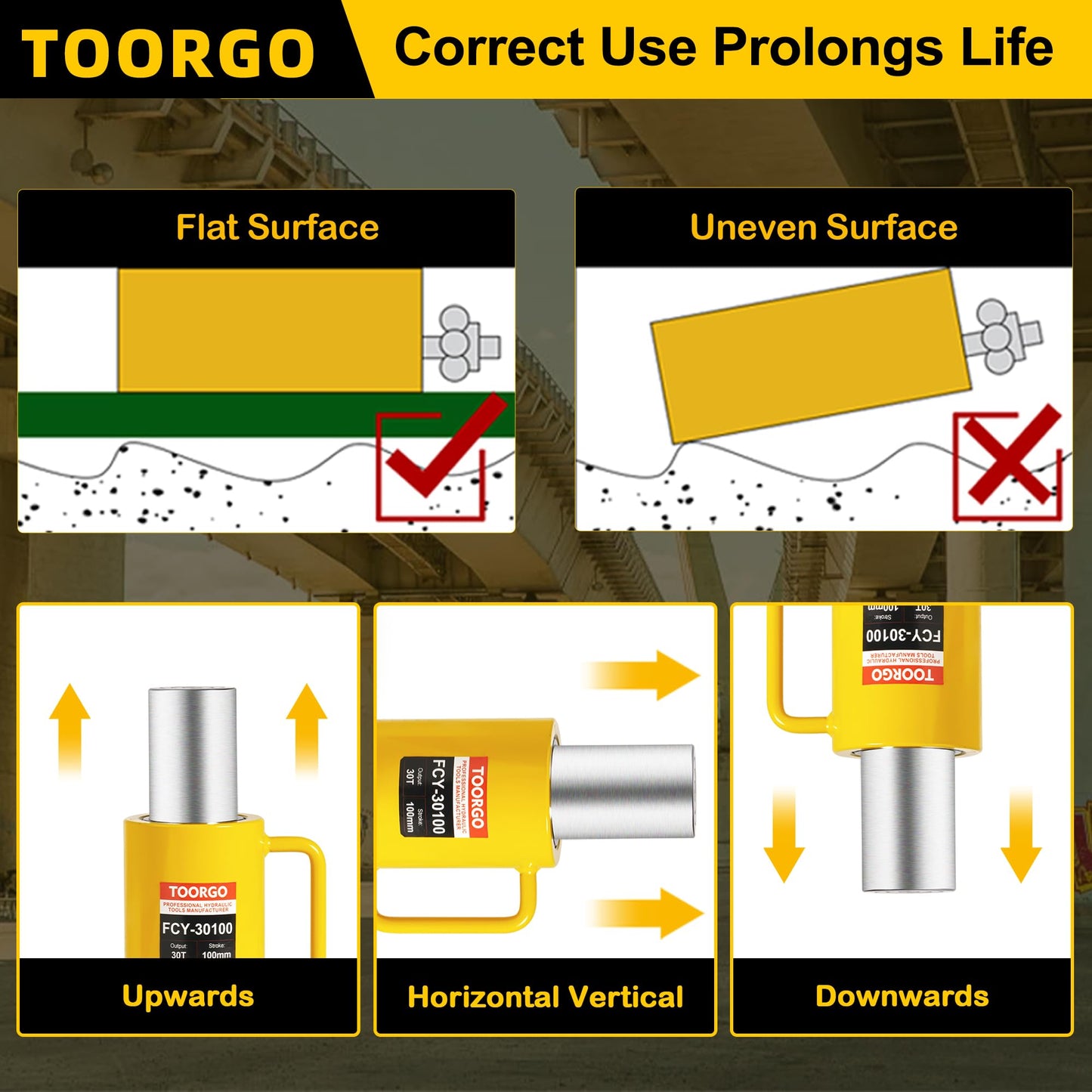 TOORGO 30T 4Inch Stroke Porta Power Single Acting Lifting Cylinder for Shipbuilding, Machinery and Industry,Automatically Retract Split Hydraulic Cylinders Jacks, Yellow
