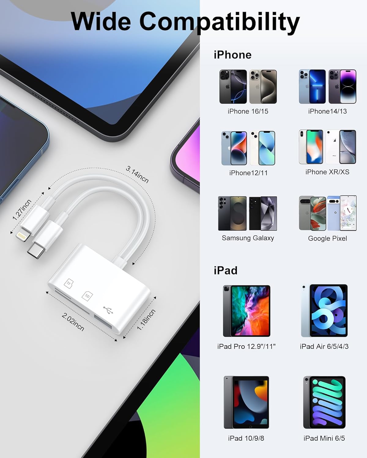 Haoano SD Card Reader for iPhone, iPad, Samsung, Memory SD Card Reader USB C&Lightning Dual Port Micro SD Card Reader