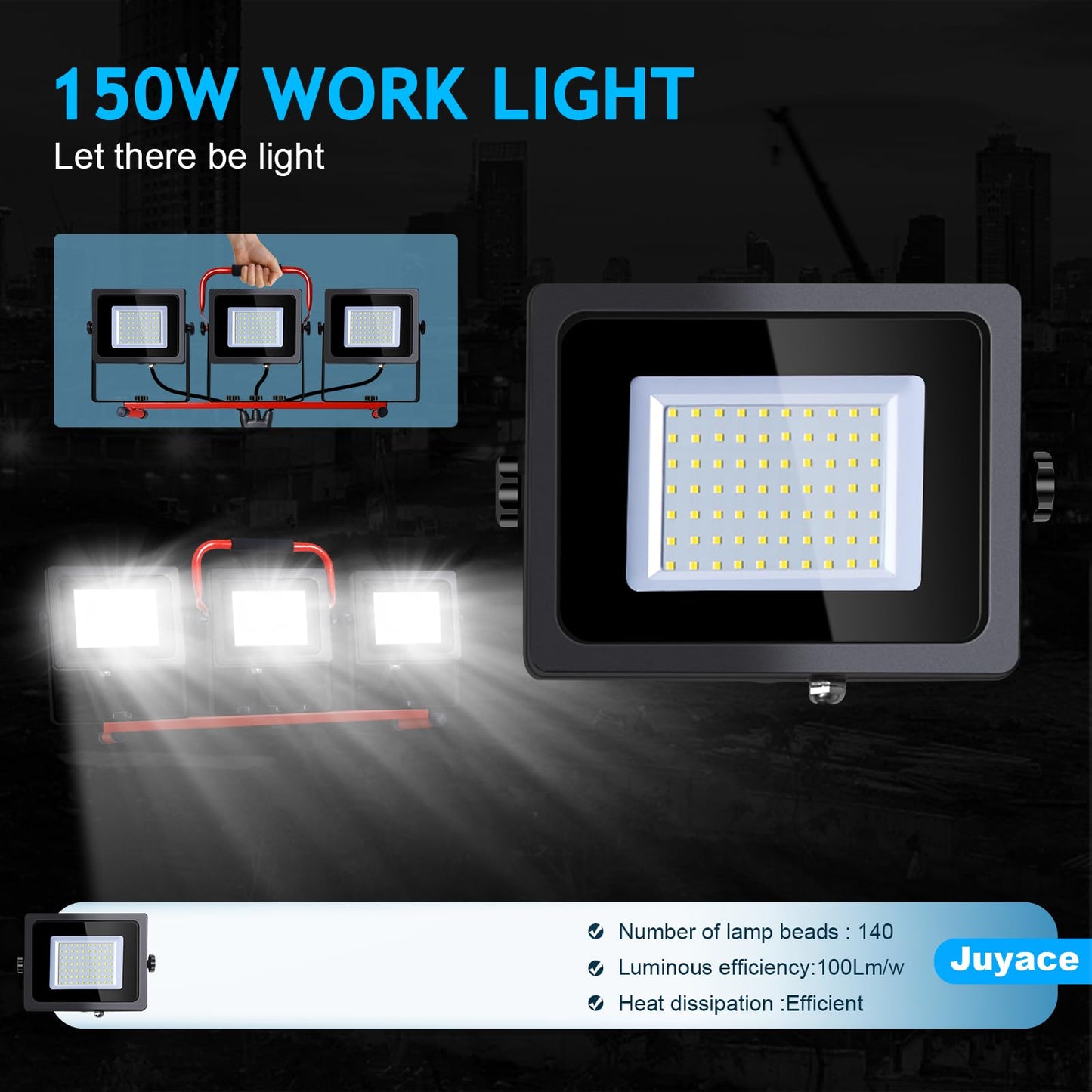 Juyace 2-Pack 150W LED Work Light with Tripod Stand, 15000LM Dual Head Flood Light, IP65 Waterproof Portable Job Site Lamp, 5000K with Independent Switches for Garage, Workshop, Construction, Camping