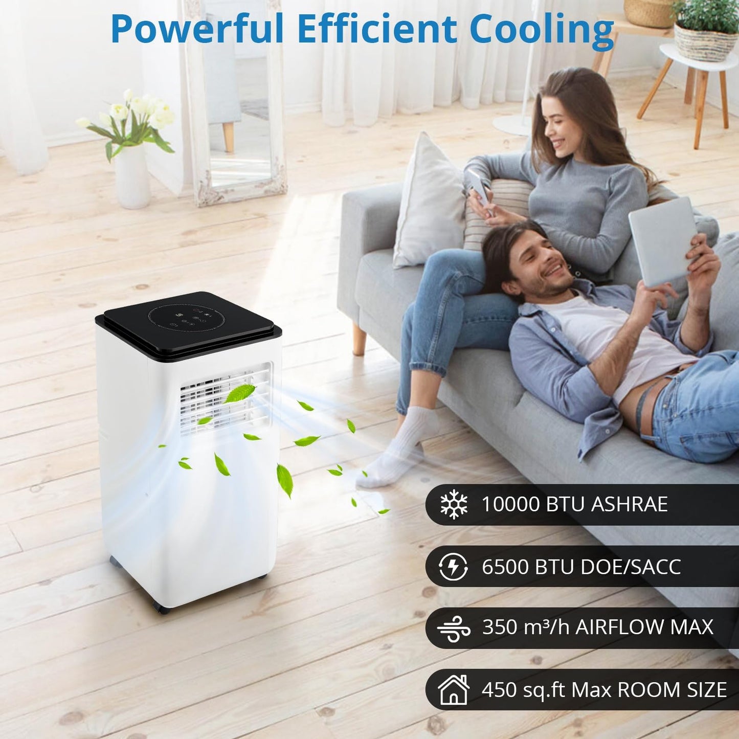 10,000 BTU Portable Air Conditioner – 3-in-1 AC with Dehumidifier & Fan, Quiet Operation, Energy Efficient, Remote Control, Sleep & Timer Modes, Cools up to 451 Sq.Ft, Home, Office, RV, White