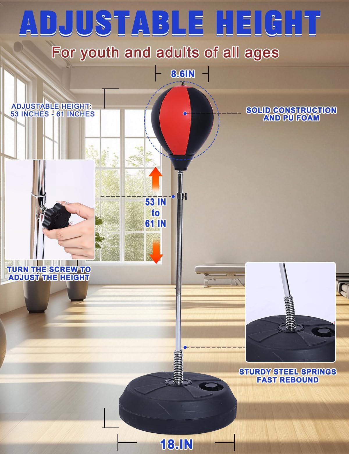 Punching Bag with Stand, Boxing Bag for Adults - Height Adjustable - Speed Bag for Training, Boxing Equipment, Stress Relief & Fitness