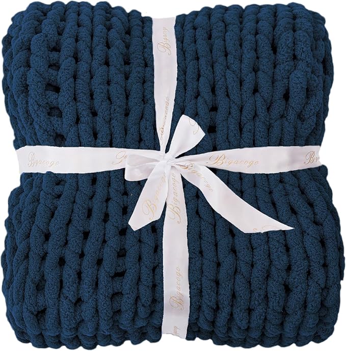 Bigacogo Chunky Knit Throw Blanket for Couch, 51x63 inches, 100% Hand Knitted with Thick Jumbo Chenille Yarn, Cozy Soft Large Rope Knot Cable Crochet Blankets for Sofa Bed Living Room, Navy Blue