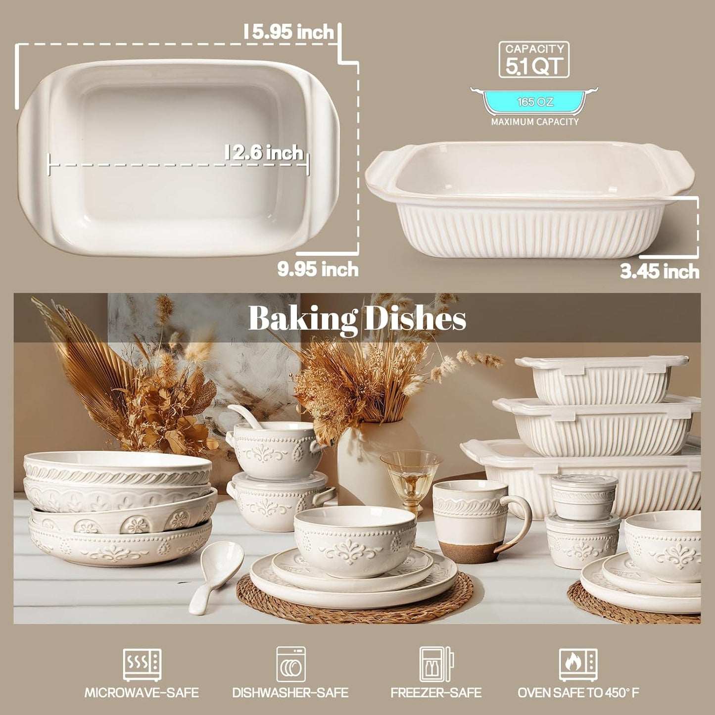 Artena Baking Dish - 5.1 Quart Casserole Dish with Handles | Deep White Ceramic Bakeware