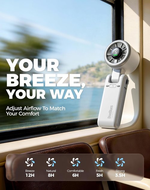 Diveblues Portable Handheld Turbo Fan - 5 Speed Battery Operated Cooling Fan | Up to 12 Hours of Use - Silver White