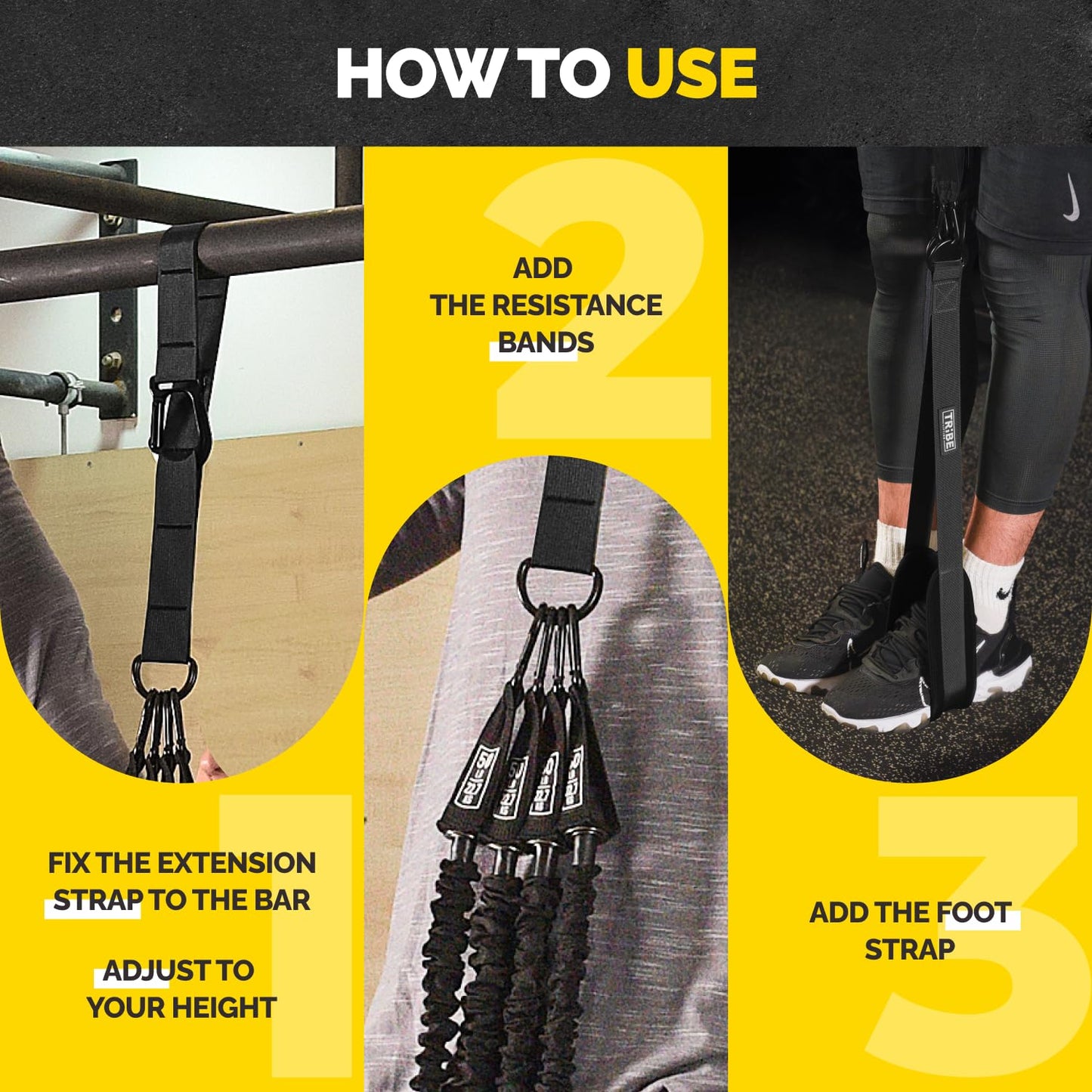 Pull Up Assistance Bands Set - 4 Heavy-Duty Pull Up Bands, Height Adjustable Strap & Comfortable Foot Strap - Stackable Pull Up Resistance Bands for Pull Ups (Black)