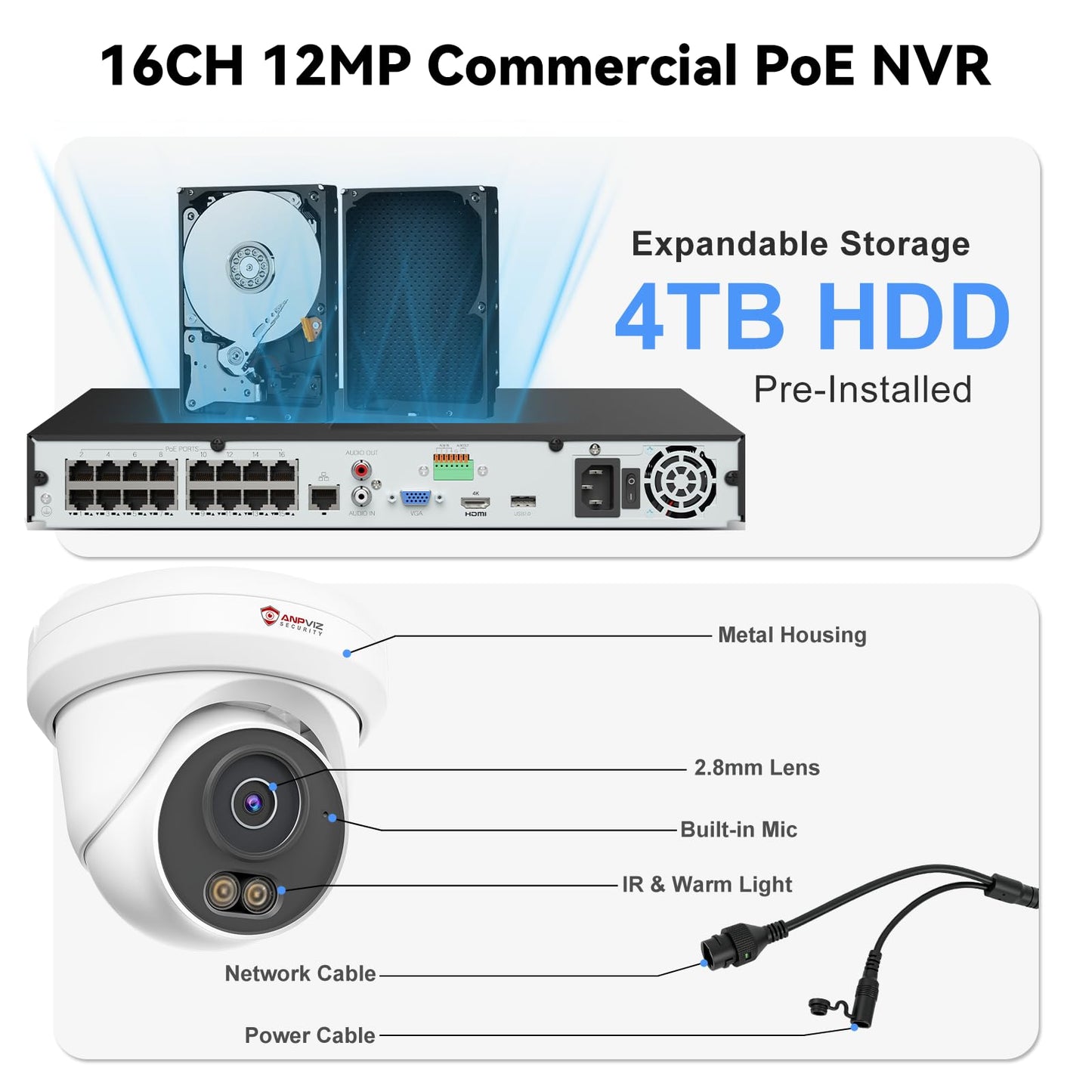 Anpviz 4K 16CH PoE Security Camera System, 12pcs Wired 8MP PoE IP Cameras Outdoor with Human Vehicle Detection, Smart Color Night Vision, 8MP/4K 16 Channel NVR with 4TB HDD for Businesses (U Series)