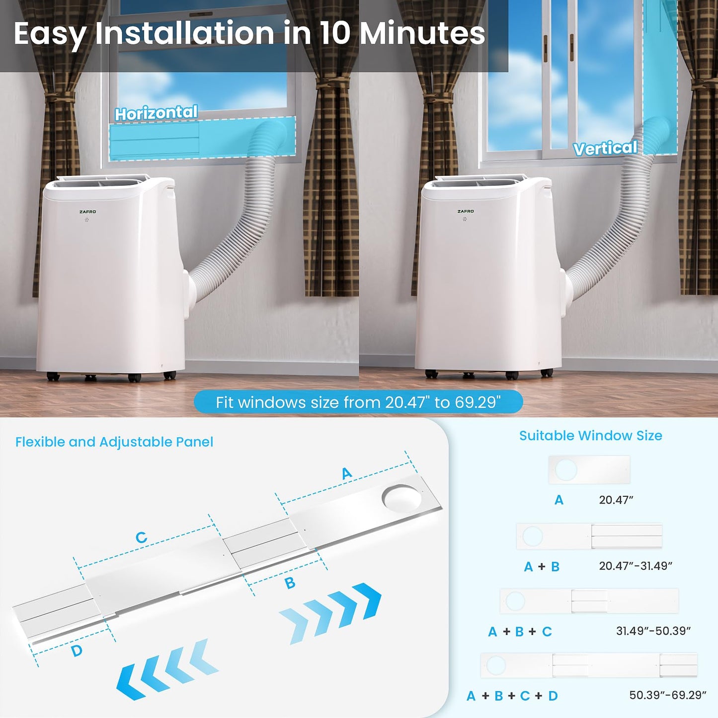 ZAFRO Smart Portable Air Conditioners, 10000 BTU (6000 BTU SACC), Portable AC Unit with Drainage-free Cooling, Fan & Dehumidifier with APP/Remote, Window Kit, 47dB Quiet for Living Room, Bedroom