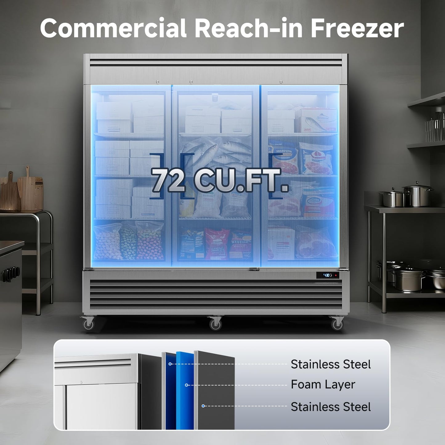 Coolake 82" Commercial Reach-in Freezer 3 Solid Doors, 72 Cu.ft Stainless Steel Fan Cooling Upright Freezer 12 Adjustable Shelves, Commercial Freezer for Restaurant Kitchen Grocery Store Prep Area