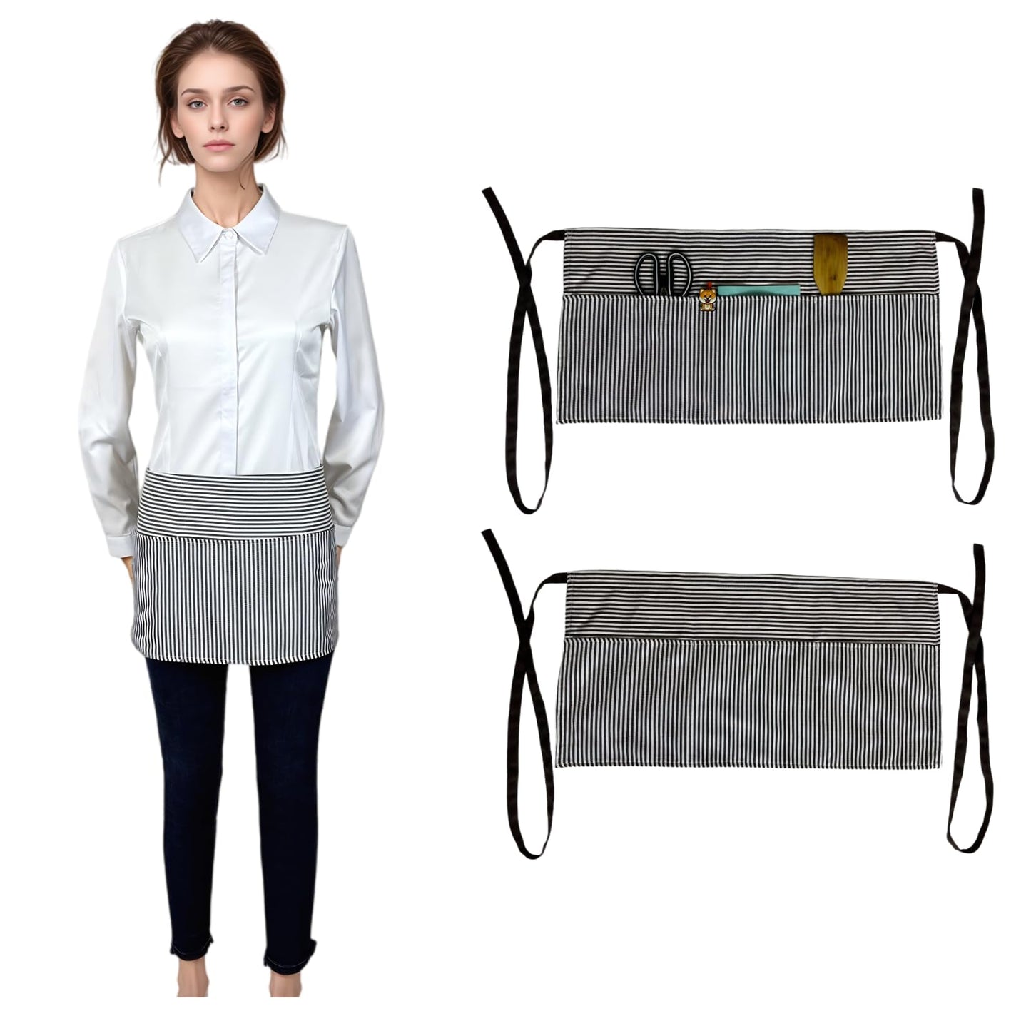 Syzornk Server Cotton Aprons 3 Pockets, 3 Pack Women Waist Apron for Cooking Grilling Kitchen, Chef Waitress Soft Short Apron for Men, Black Stripes