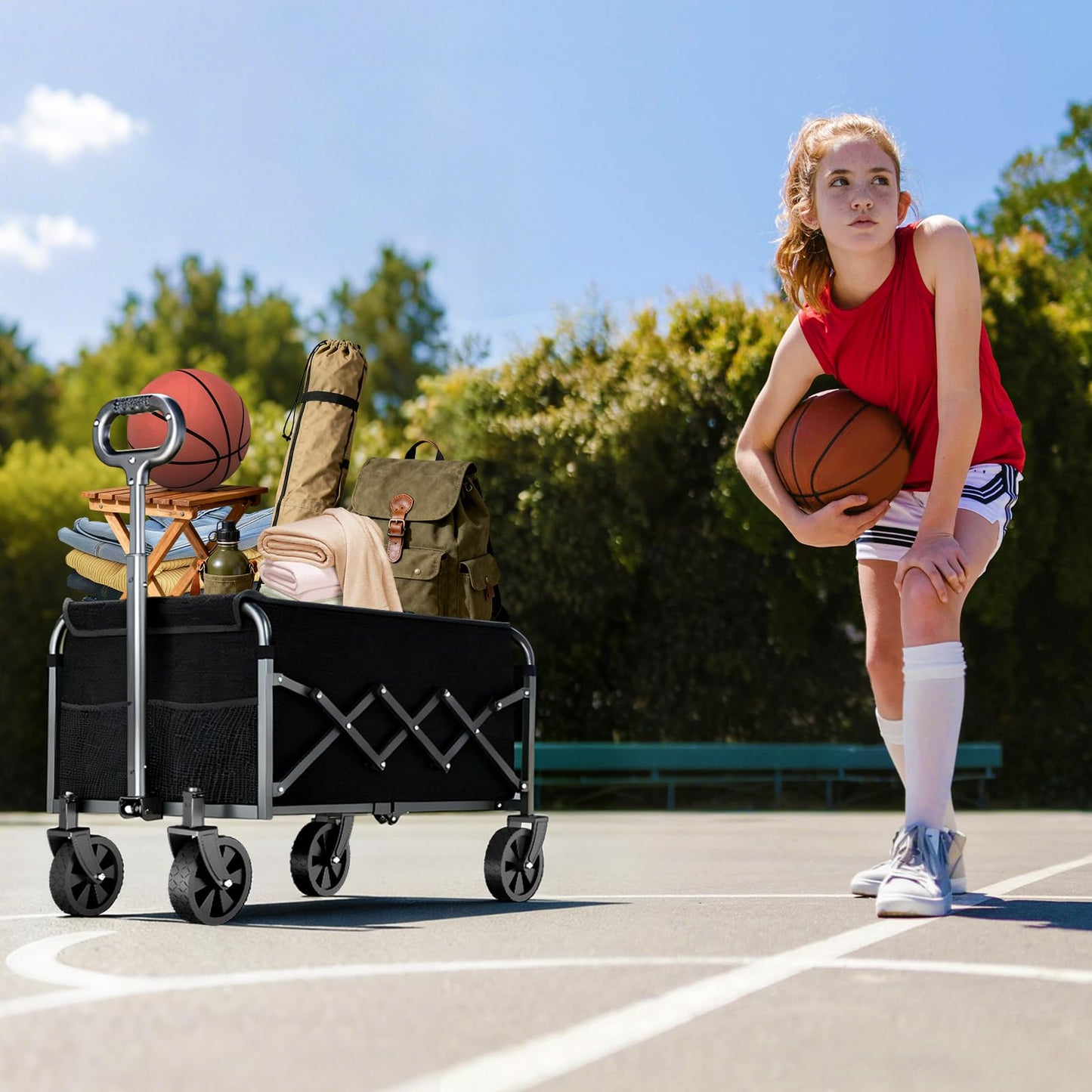 Wagons Carts Foldable, 360 Lbs with Adjustable Handle, Black Lightweight Portable, Collapsible Wagon for Camping, Shopping, Sports, Travel, Garage and Gardening Storage with Drink Holders